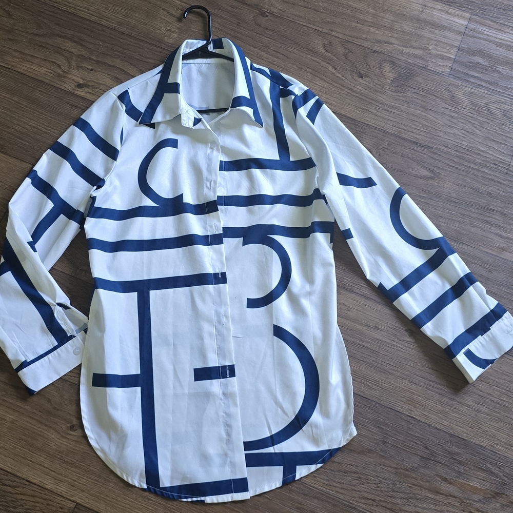 White and Blue Geometric Long Sleeve Shirt